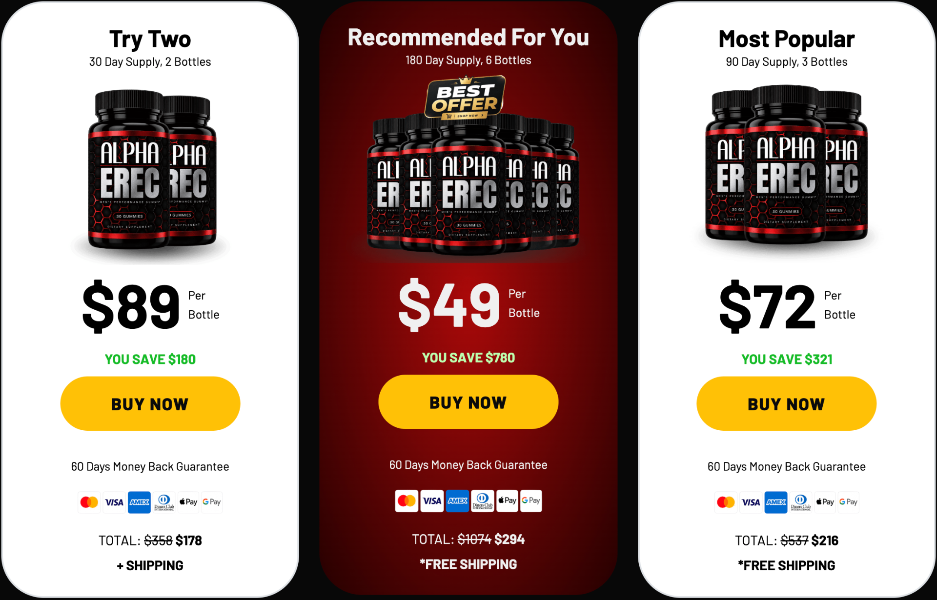 AlphaErec pricing: 2 bottles $89, 6 bottles $49 (best offer), 3 bottles $72