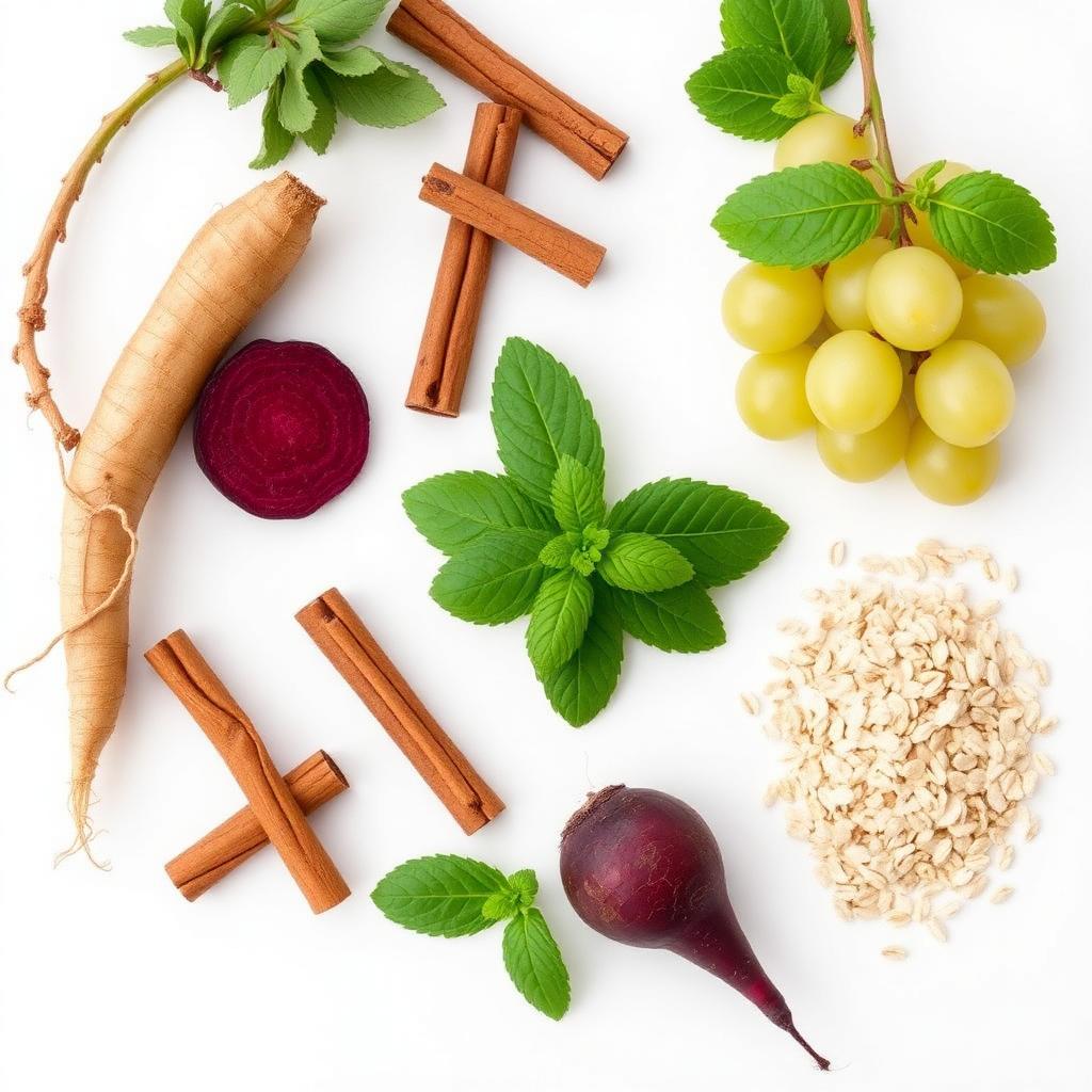 Natural herbal ingredients in AlphaErec gummies — ginseng, cinnamon, beetroot, grapes, mint, oats